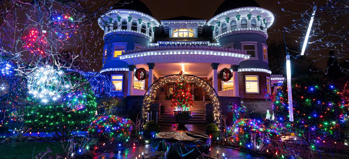 Canuck Place Children's Hospice lit up at night during Christmas