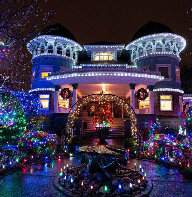 Canuck Place Children's Hospice lit up at night during Christmas