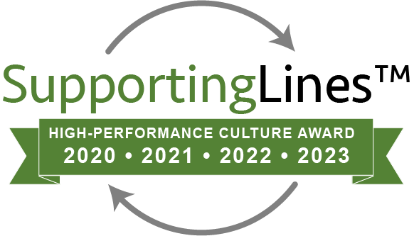 Badge graphic with the word 'Supporting' in large, white, script at the top and the word ‘Line’ in large, black script, both encircled by a grey, double-arrowed circular line. In the center, a green banner with the text 'HIGH-PERFORMANCE CULTURE AWARD' in white capital letters. Below the banner are the years '2020 • 2021 • 2022 • 2023' indicating consecutive recognition.